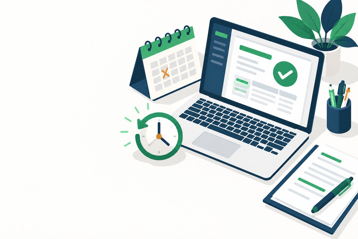 Laptop showing a completed tax return with a green tick, beside a calendar and a rewound clock