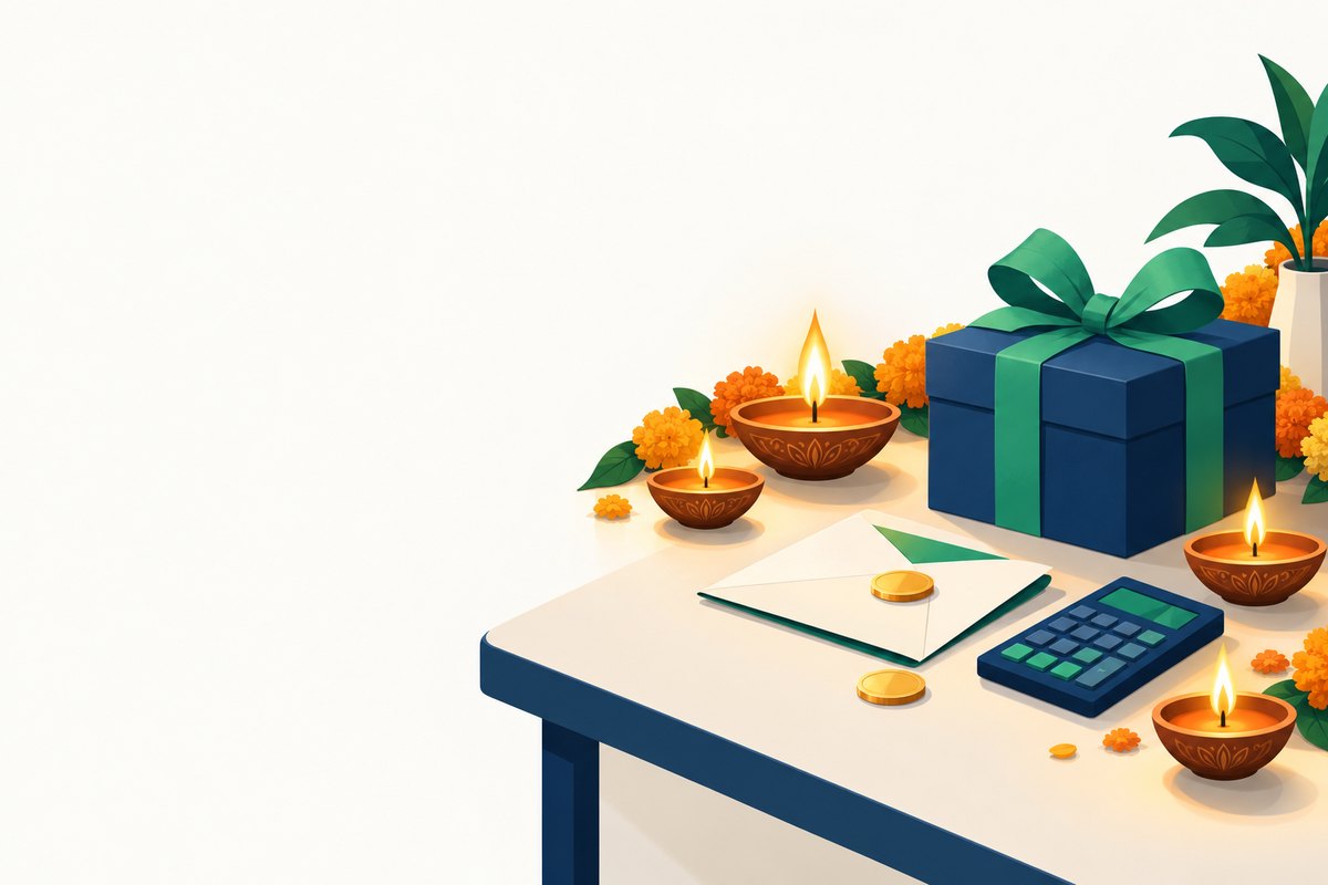 Diwali diyas, marigolds, a gift box, an envelope with coins and a calculator on a desk