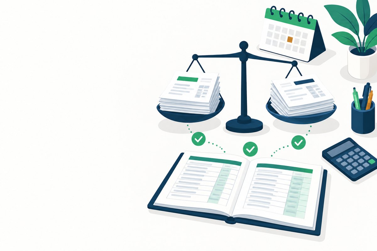 Scales balancing two stacks of invoices against a ledger, with green check marks