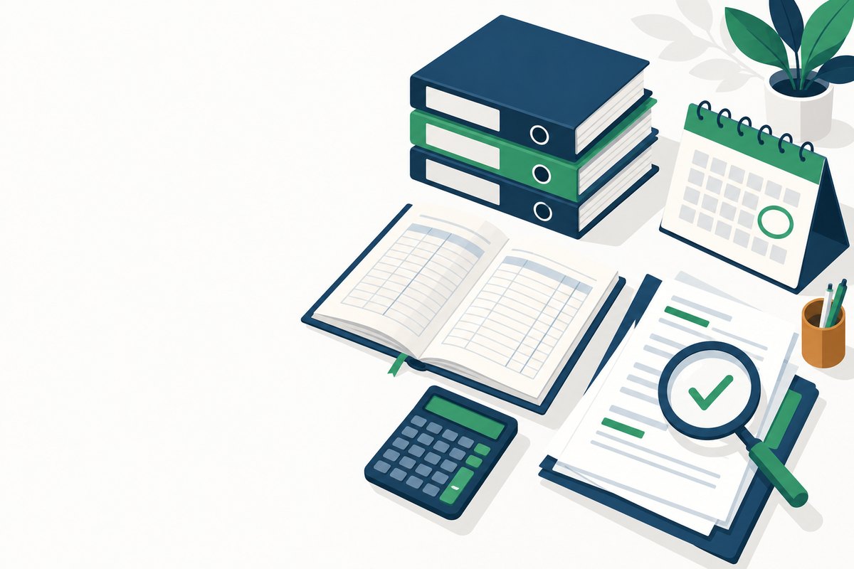 Desk with a ledger, audit files, a calculator and a calendar with one date circled in green