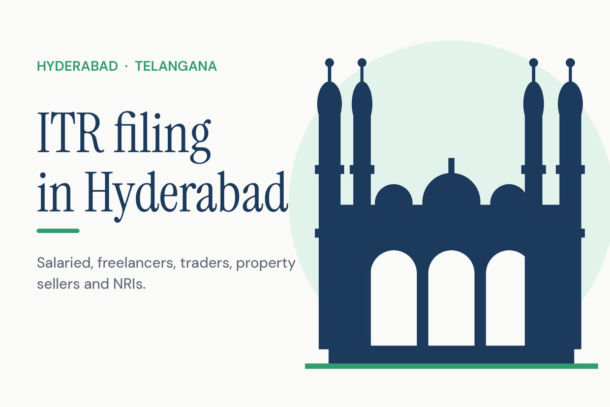 Laptop with a tax return summary, salary slip, house key and calculator with a small Charminar silhouette
