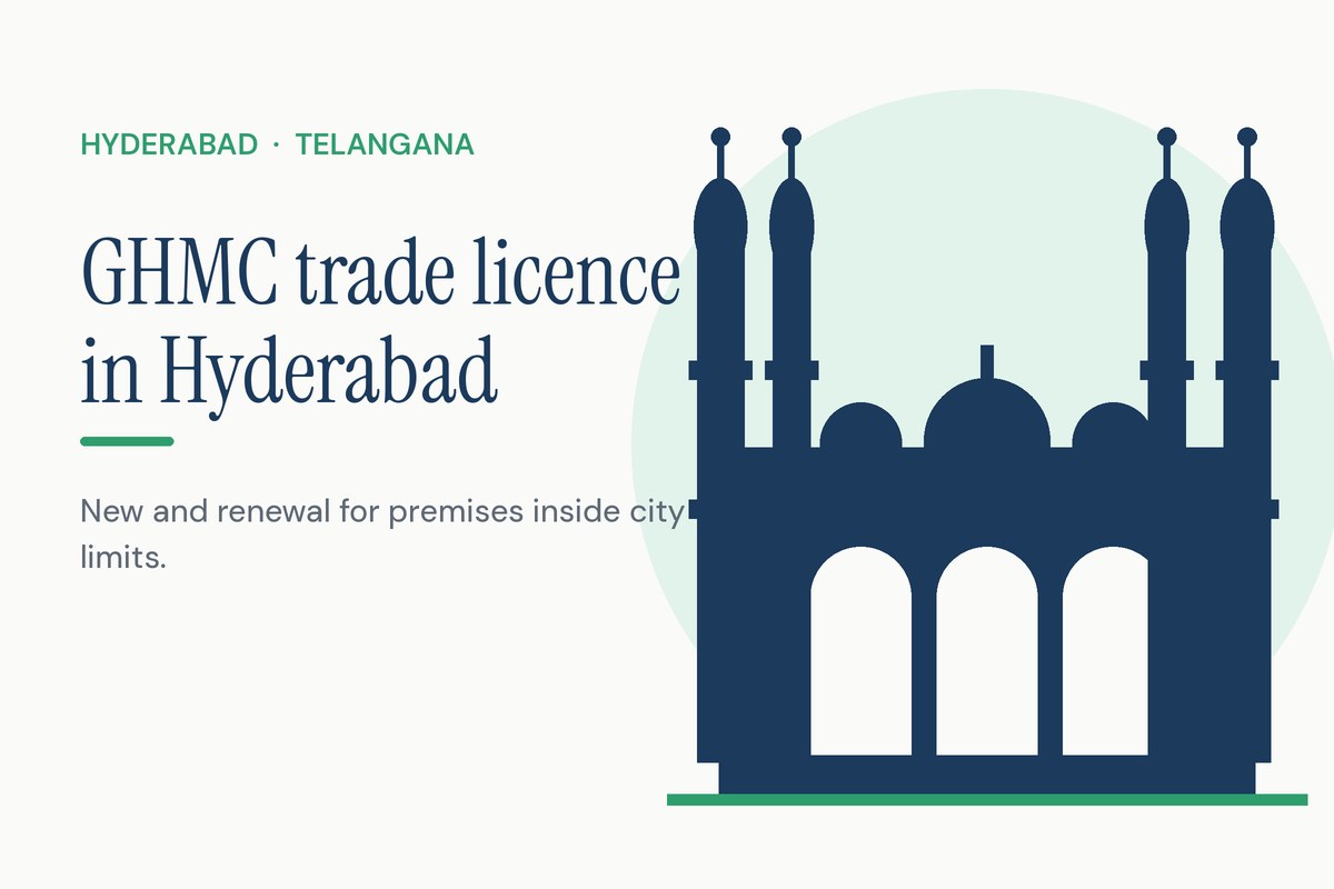 Hyderabad business premises with a trade licence certificate and a small Charminar silhouette