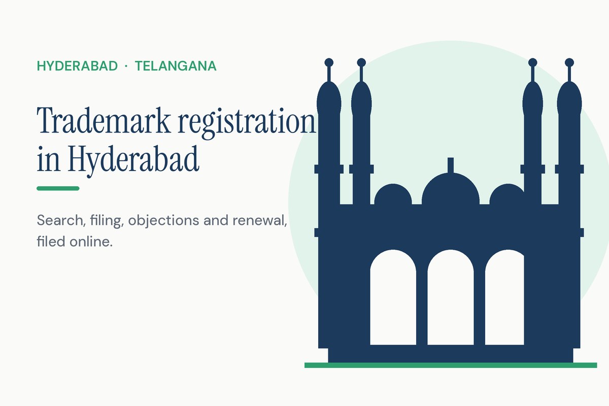 Brand stamp, certificate with a seal and a magnifying glass on a desk with a small Charminar silhouette